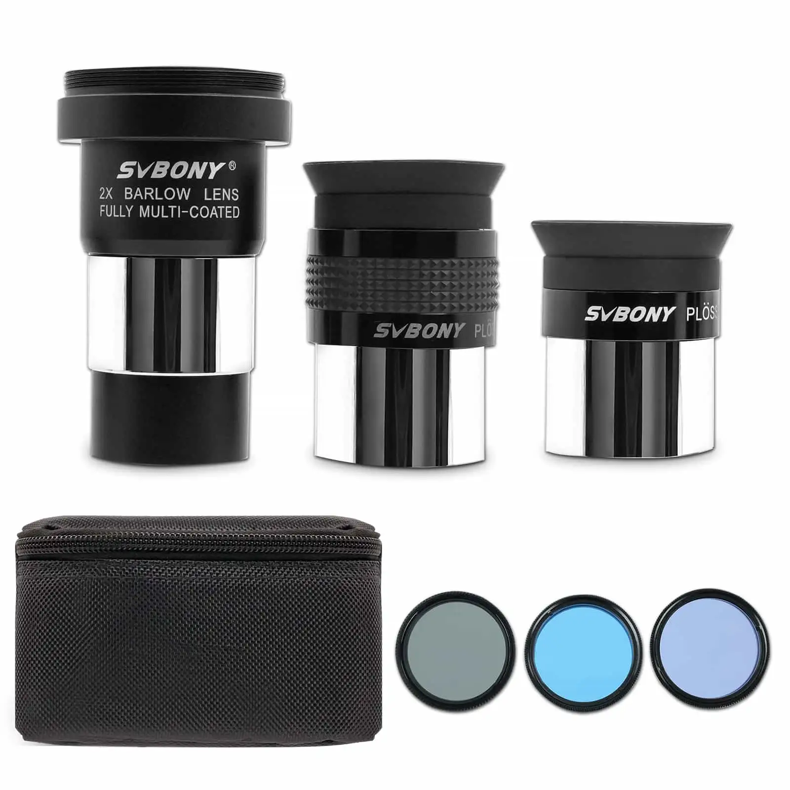 SV233 7-Piece Telescope Accessory Kit 6/17mm Super Plossl Eyepiece 2x Barlow Lens Moon Filter & ND4 Filter & 82A Color Filter w/ Portable Bag