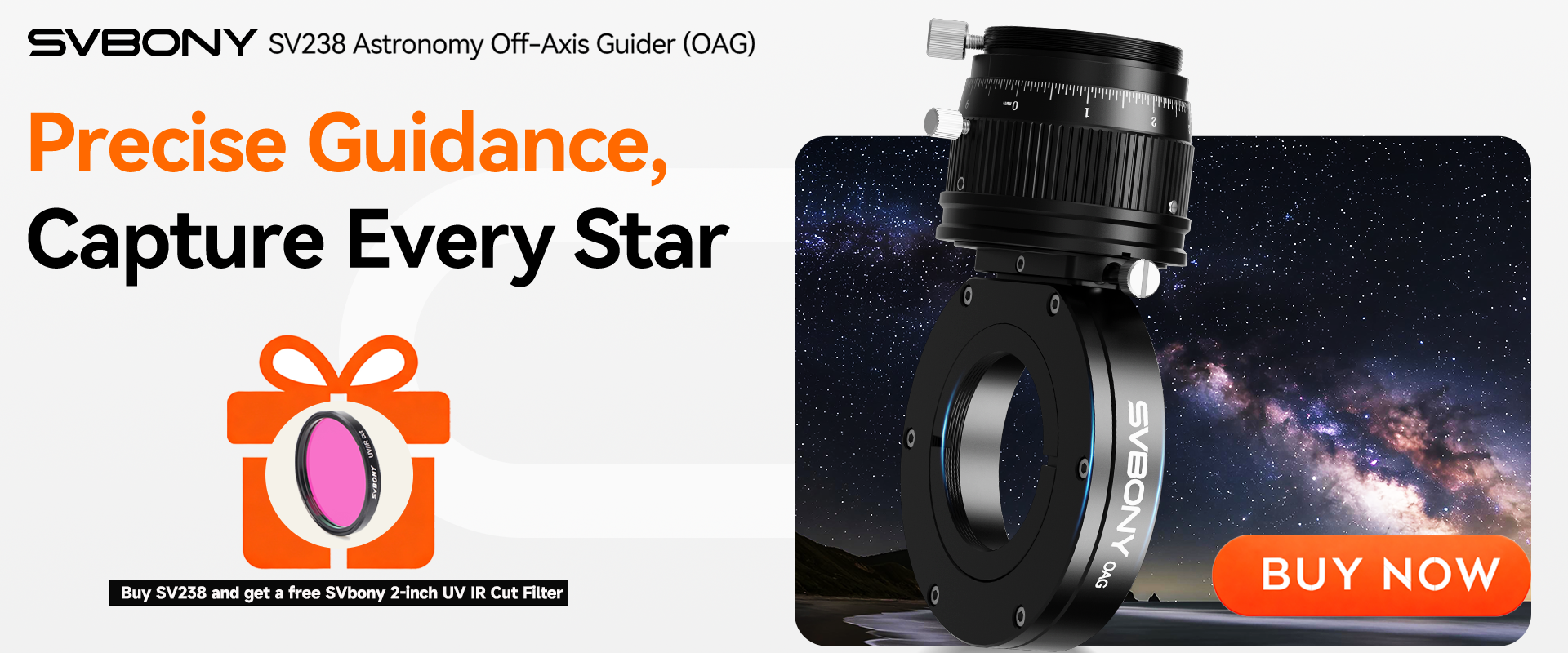 SVBONY SV238 Off-Axis Guider (OAG) banner, 'Precise Guidance, Capture Every Star', free UV IR filter with purchase, 'BUY NOW' button.