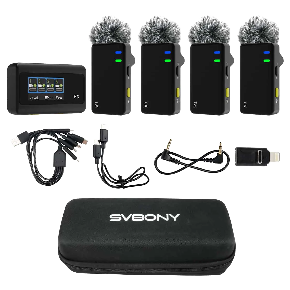 SVMic D4 Wireless lavalier microphone with four transmitters, ideal for interviews, meetings and live streaming