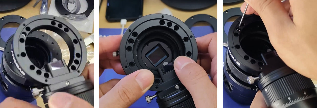Align the screw holes while ensuring the prism avoids the camera sensor.
