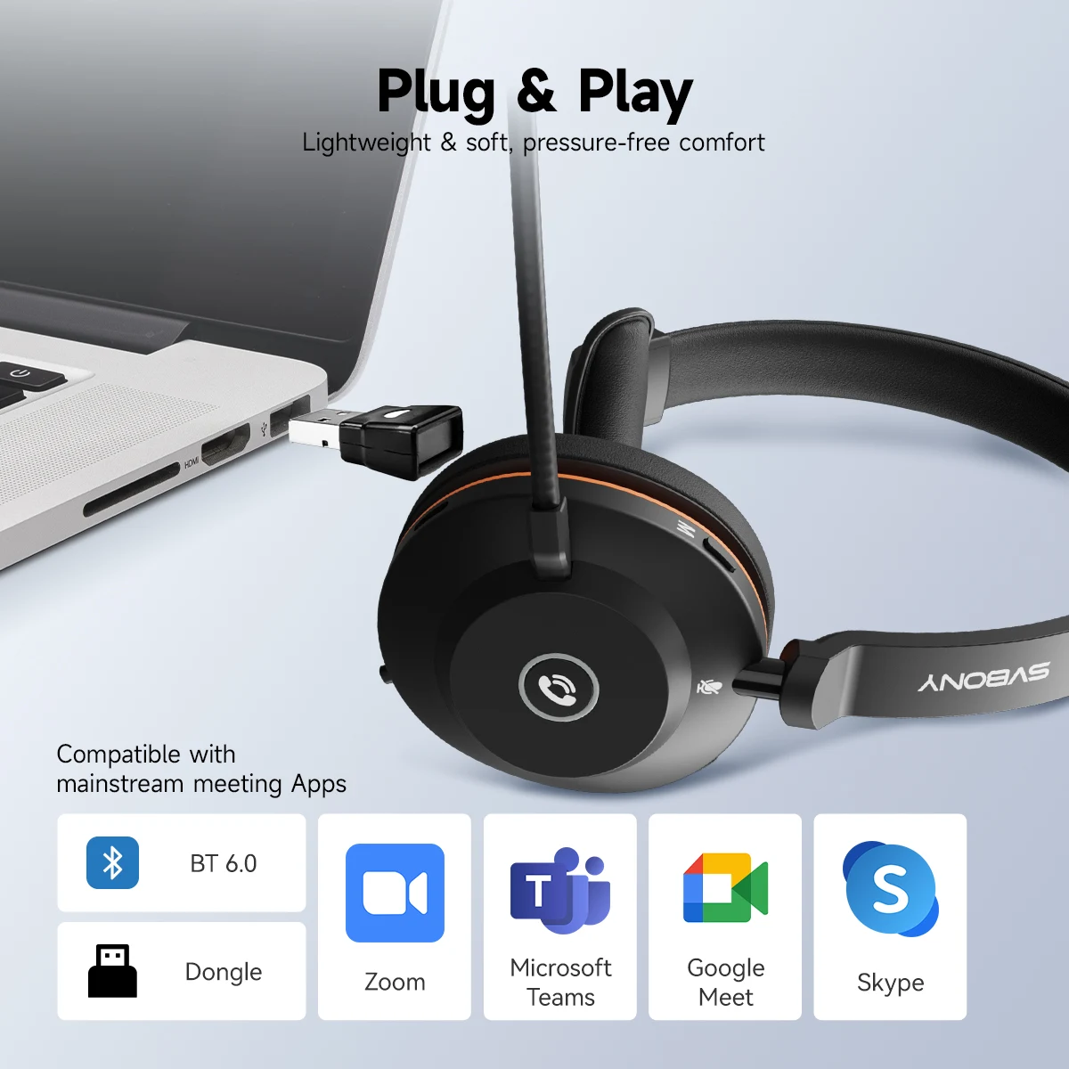 Svbony SVN H1 Wireless Office Headset with ENC Noise Cancelling & USB Adapter