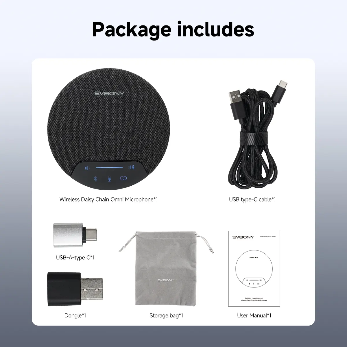 SVBONY SVN O1: Wireless Daisy-Chain Conference Mic with AI Noise Reduction, 360° Pickup