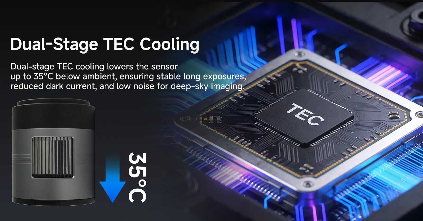 Dual-Stage TEC Cooling System - Lowers Sensor Temperature 35°C Below Ambient