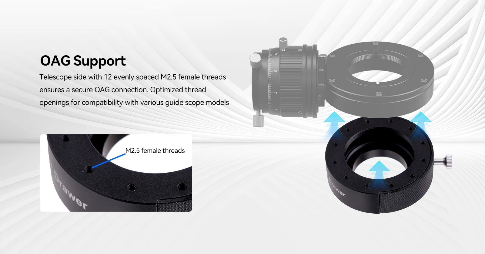SV226P Filter Drawer OAG Support - 12 M2.5 Threads for Secure Guide Scope Connection