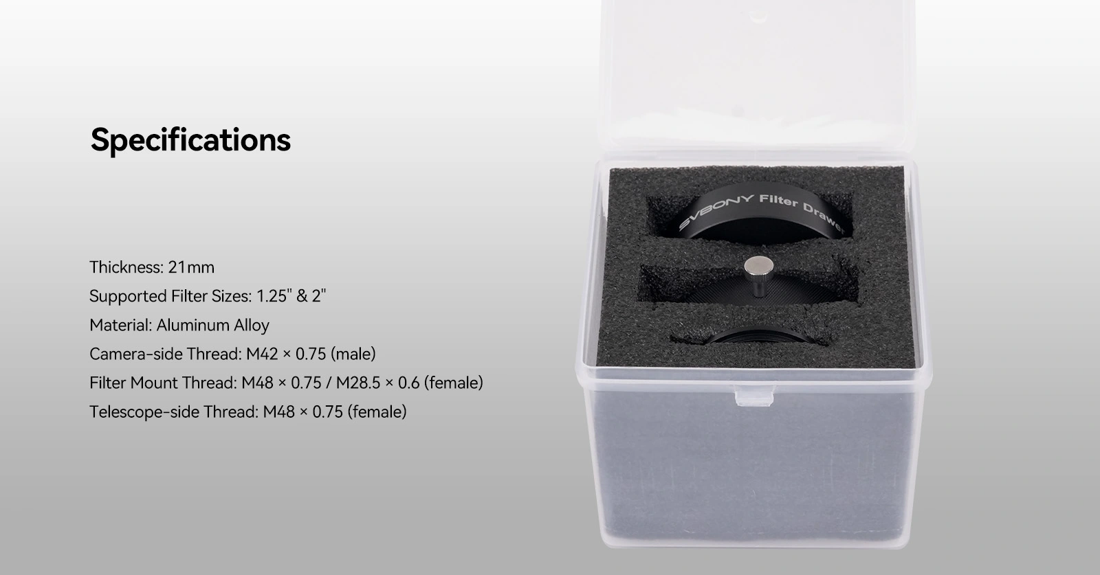 SV226P Filter Drawer Specifications - Thickness, Threads, Material, Filter Sizes