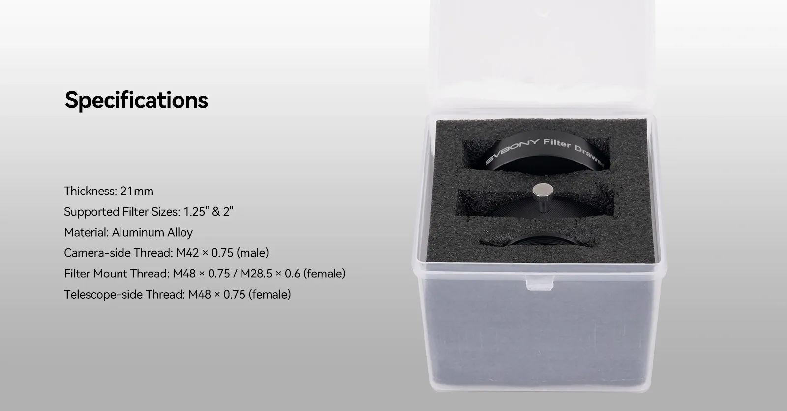 SV226P Filter Drawer Specifications - Thickness, Threads, Material, Filter Sizes