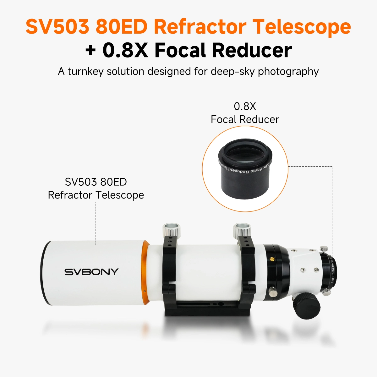 SV503 80ED F7 Telescope Refractor - SV193 0.8x Field Flattener & Focal Reducer for Astronomical Vision and Photography