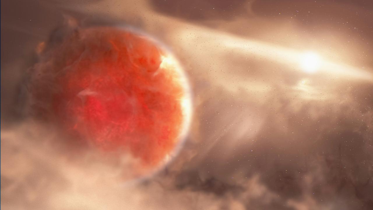 A massive, fiery red-and-orange celestial body shrouded in swirling clouds of beige and brown cosmic dust shoot byNasa
