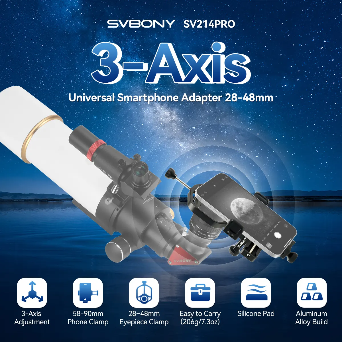 SVBONY SV214 Pro 3-Axis Phone Adapter 28mm-64mm Digiscoping Mount