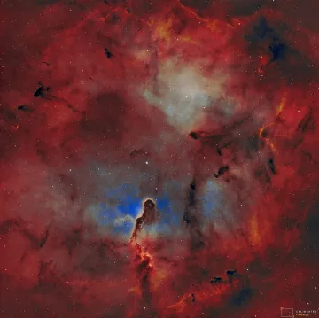 To capture the complex structure of IC 1396A's dark globule and surrounding emission nebula in narrowband, revealing the active star-forming regions within the Elephant's Trunk pillar using the SVBONY SV605CC and SV220 3nm dual narrowband filter.