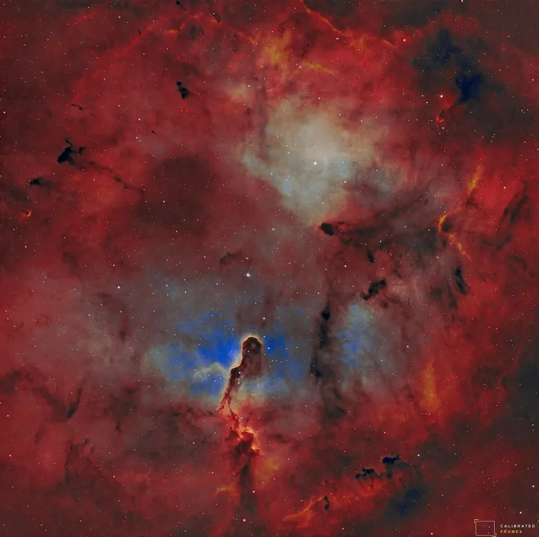 To capture the complex structure of IC 1396A's dark globule and surrounding emission nebula in narrowband, revealing the active star-forming regions within the Elephant's Trunk pillar using the SVBONY SV605CC and SV220 3nm dual narrowband filter.