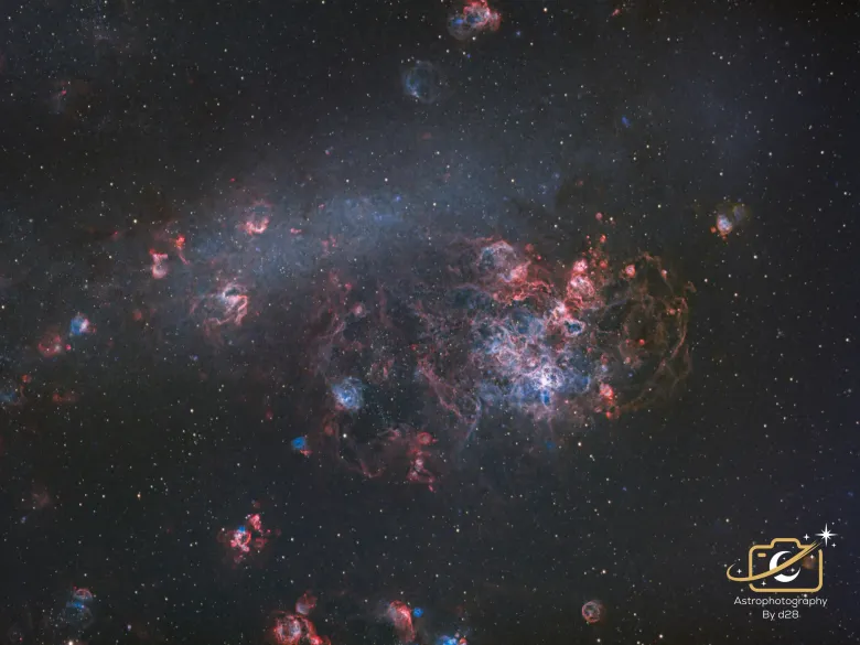 One of the most spectacular star-forming regions in our neighbouring galaxy, the Large Magellanic Cloud.  For this image I wanted to show more than just the Tarantula itself. By keeping the surrounding structure of the LMC in the frame gives some sense of