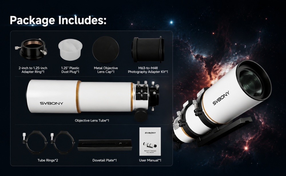SVBONY SV530 APO refractor telescope with a built-in field flattener, showing flat-field correction and sharper edge stars in deep-sky images