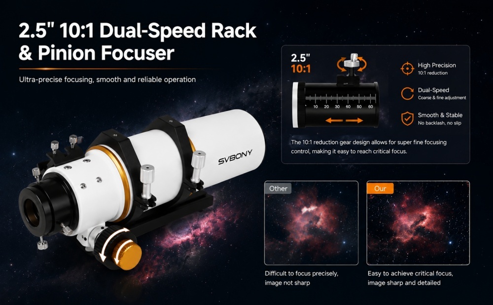 SVBONY SV530 APO refractor telescope with a 2.5-inch 10:1 dual-speed rack and pinion focuser