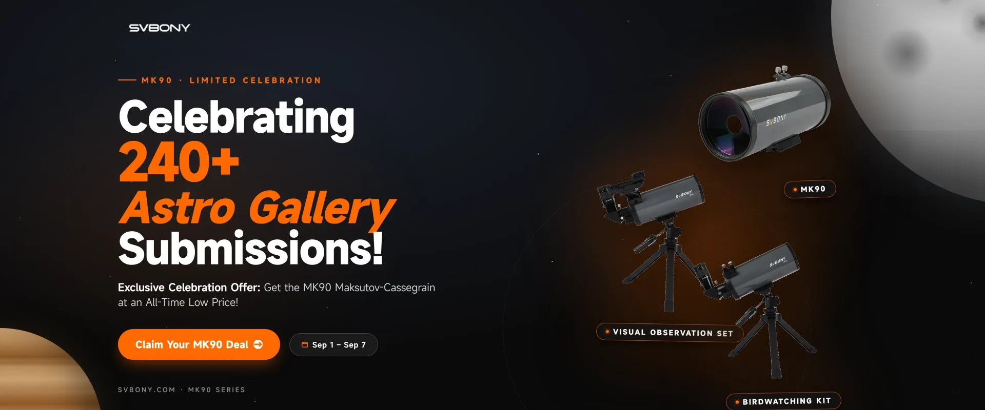 SVBONY MK90 telescope celebration sale offer with visual observation set and birdwatching kit.