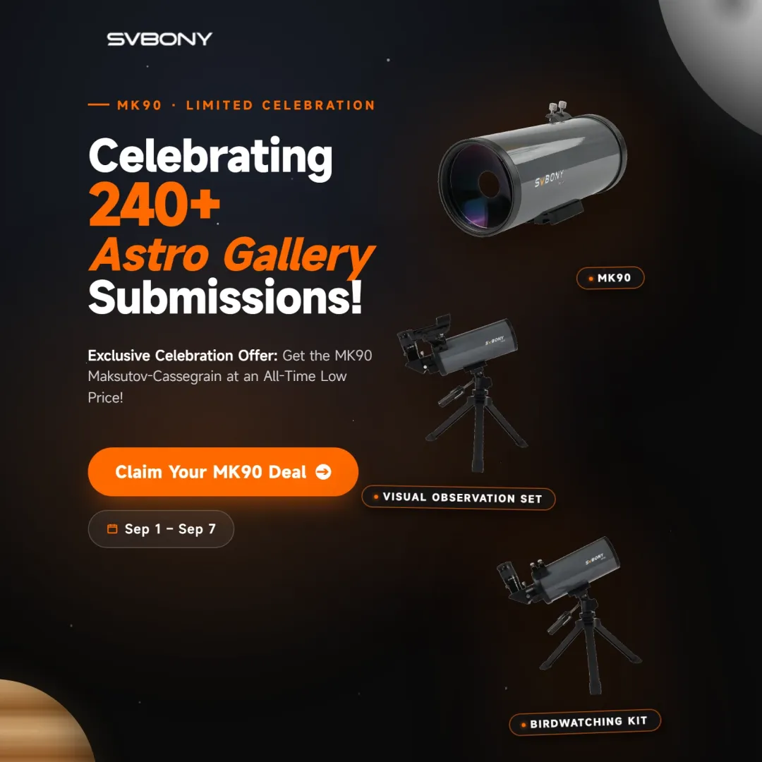 SVBONY MK90 telescope celebration sale offer with visual observation set and birdwatching kit.