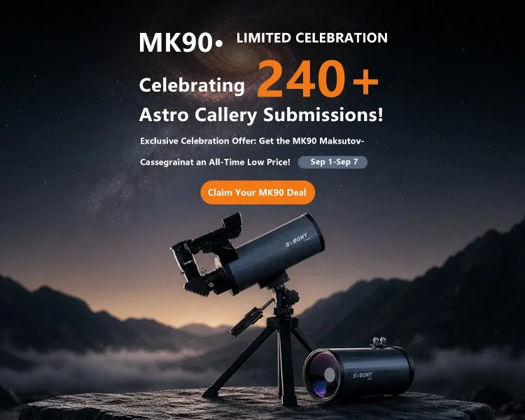 SVBONY MK90 telescope celebration sale offer with visual observation set and birdwatching kit.