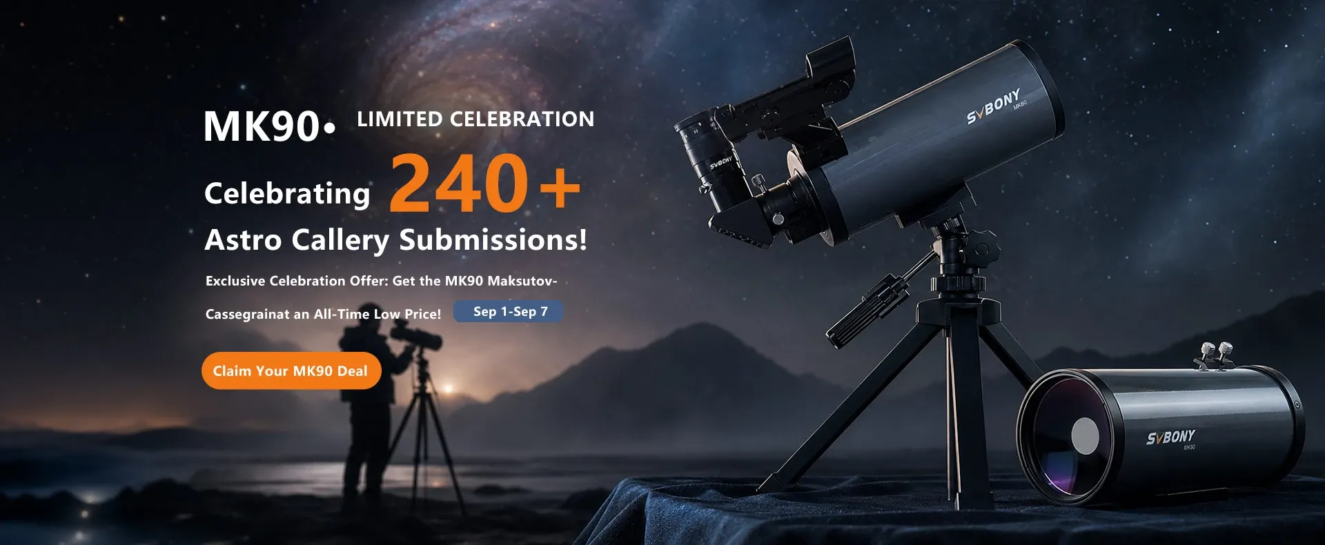 SVBONY MK90 telescope celebration sale offer with visual observation set and birdwatching kit.