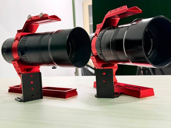 Svbony SV555 Upgraded Astro-Camera Lens pair mounted on red metal brackets for stable astrophotography