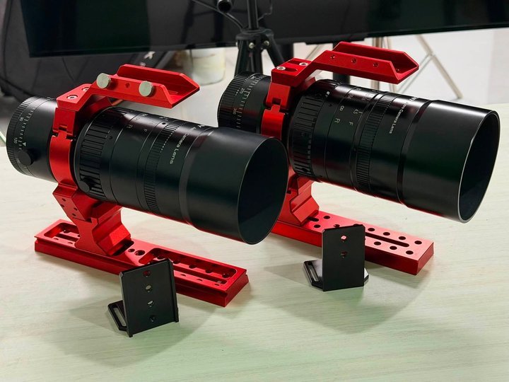 Svbony SV555 Upgraded Astro-Camera Lens setup on red rails with included black counterweight base accessories for telescope use.