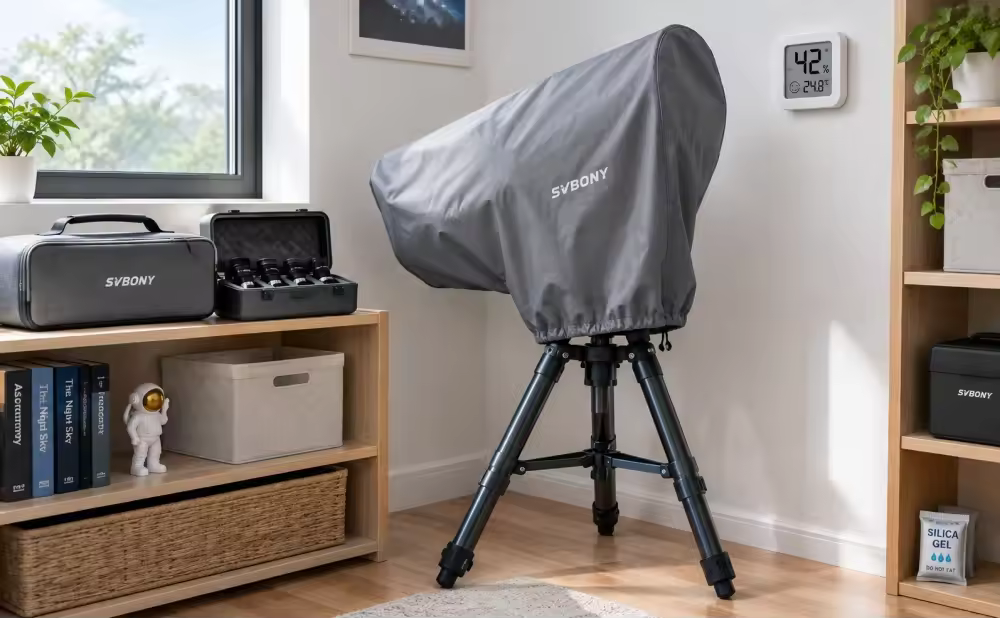 SVBONY telescope stored indoors with a dust cover and silica gel for humidity control.
