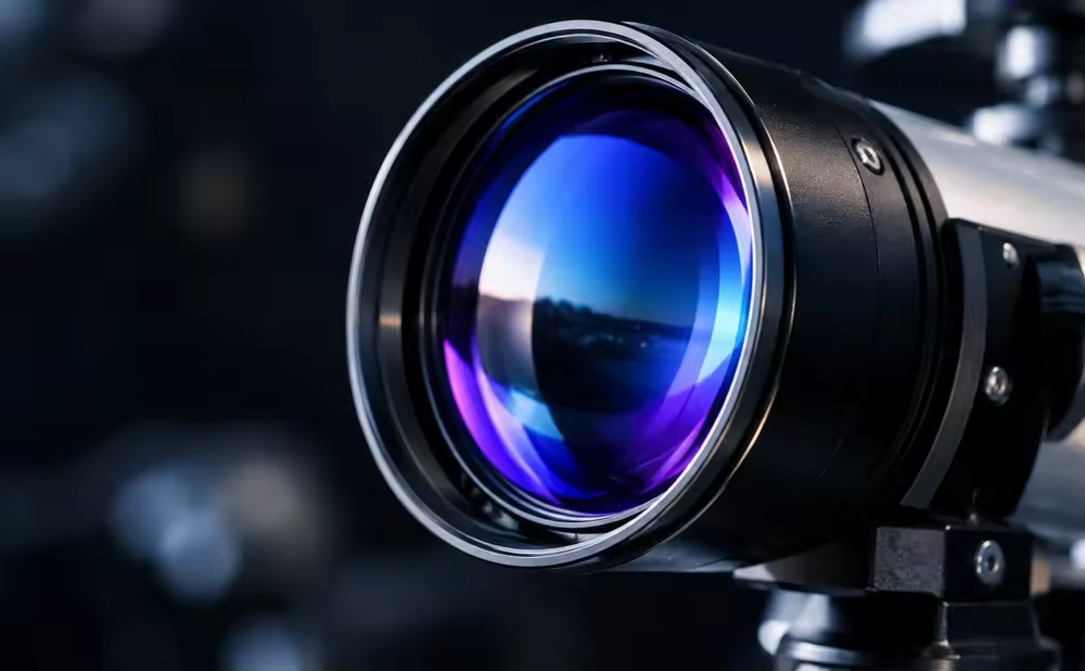 A professional close-up of a telescope optical lens on a dark background, showing blue and purple anti-reflective coatings and highlighting the durability of long-term astronomy equipment.