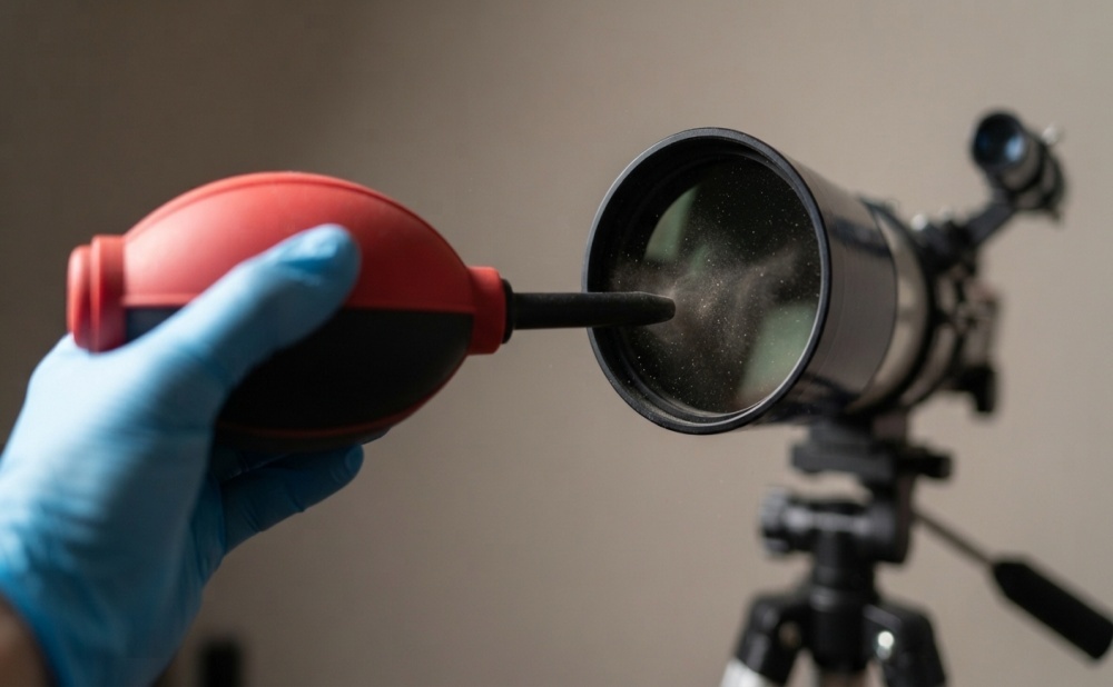 Removing dust from a telescope objective lens with a red air blower wearing blue gloves.