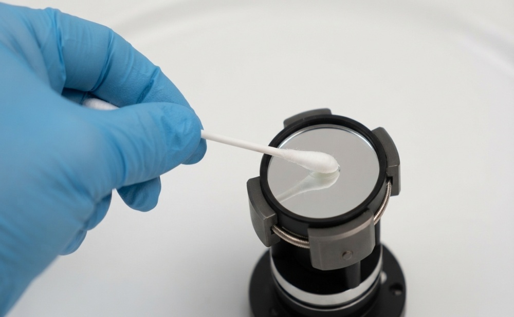 Technician cleaning a telescope eyepiece with a cotton swab while wearing blue gloves.