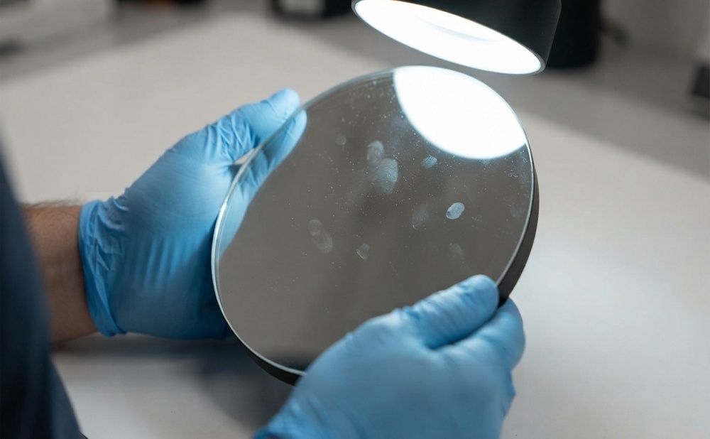 Close-up of a dusty telescope primary mirror being inspected under light with blue gloves.