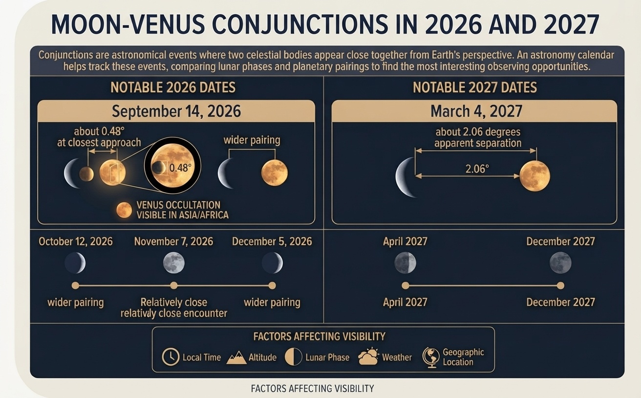 Moon-Venus conjunction dates and visibility factors in 2026 and 2027.