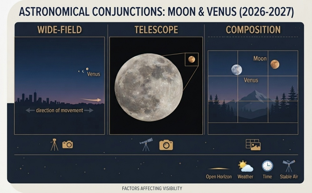 Wide-field, telescope, and composition tips for 2026-2027 Moon-Venus conjunctions.