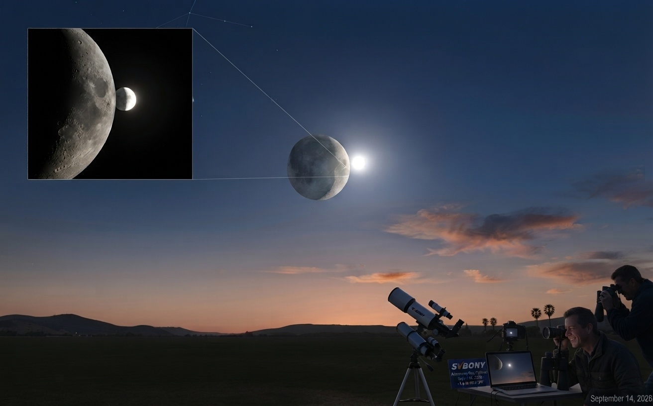 Observers using telescope and binoculars to watch the Moon and Venus at twilight.