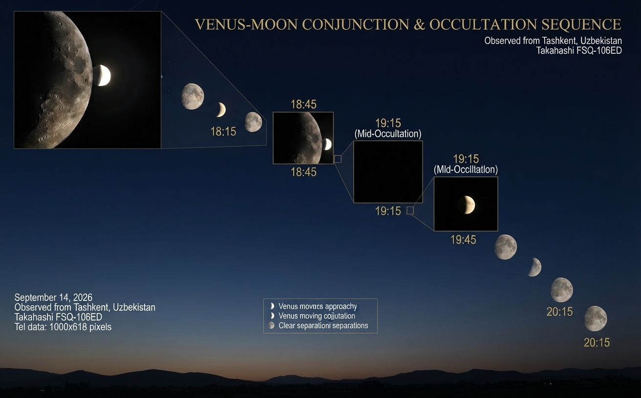 Venus approaching and disappearing behind the Moon on September 14, 2026.
