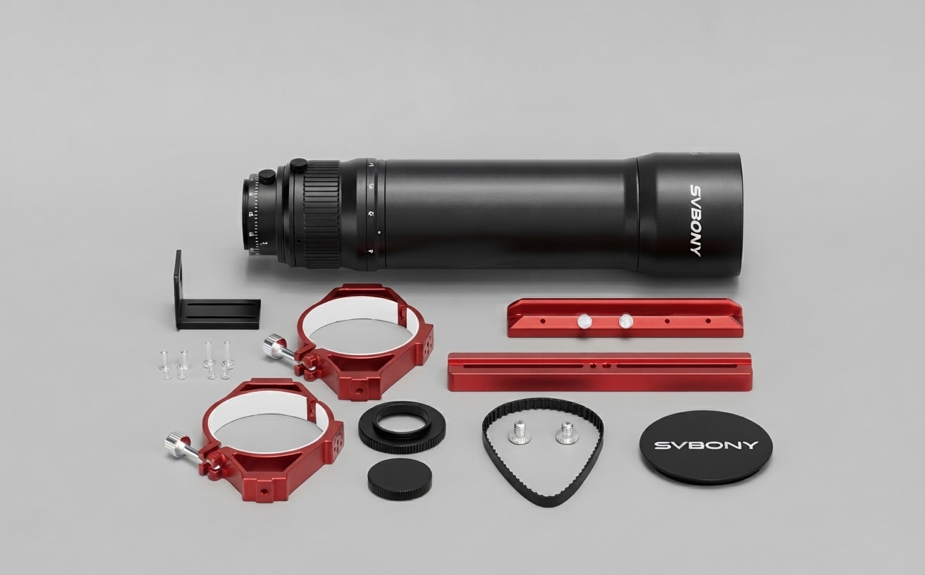 SVBONY SV580 80mm f/4.5 Petzval APO astrograph OTA shown with included accessories, including red tube rings, a Vixen dovetail plate, camera adapters, lens cap, and EAF belt.