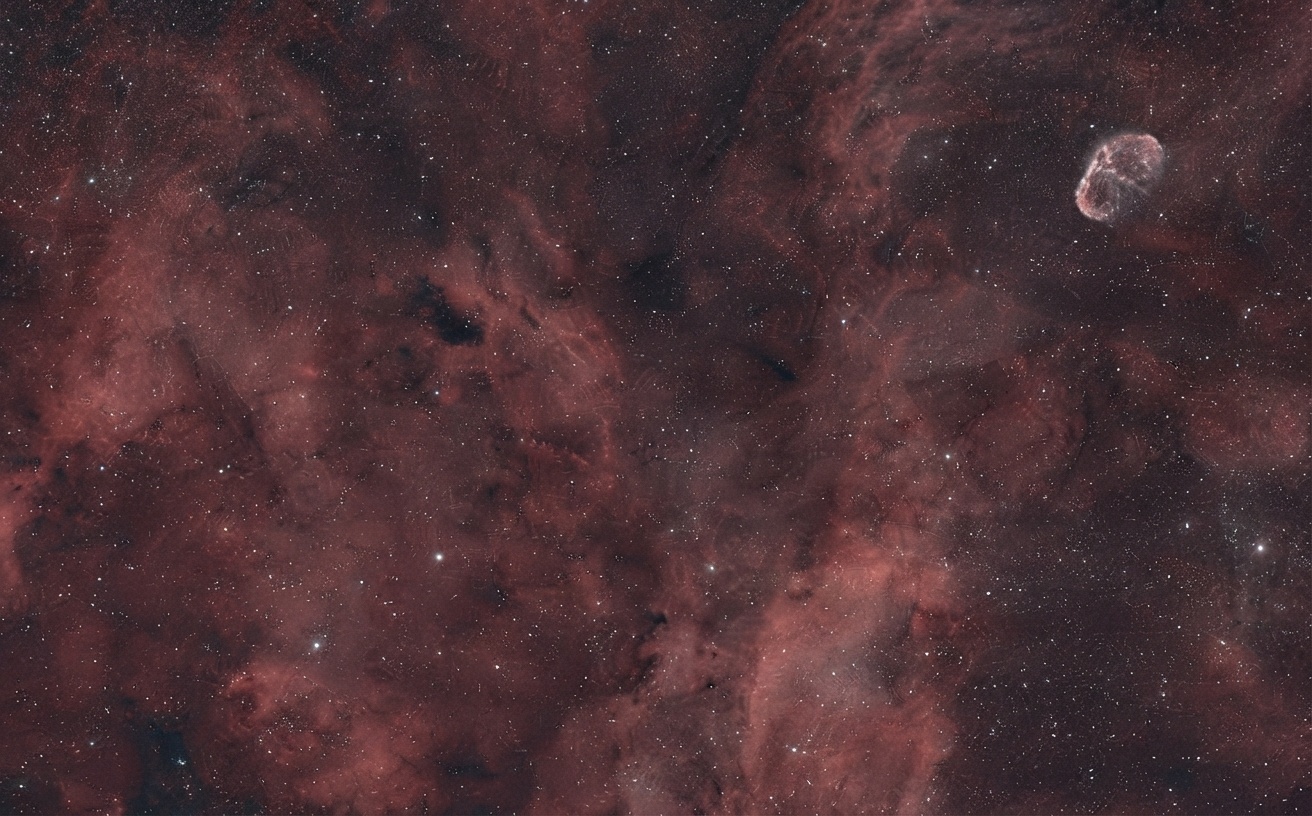 Wide-field view of the Crescent Nebula (NGC 6888) and surrounding H-alpha emission, captured with the SVBONY SV580 and SV571CC over 8 hours under Bortle 6 skies.
