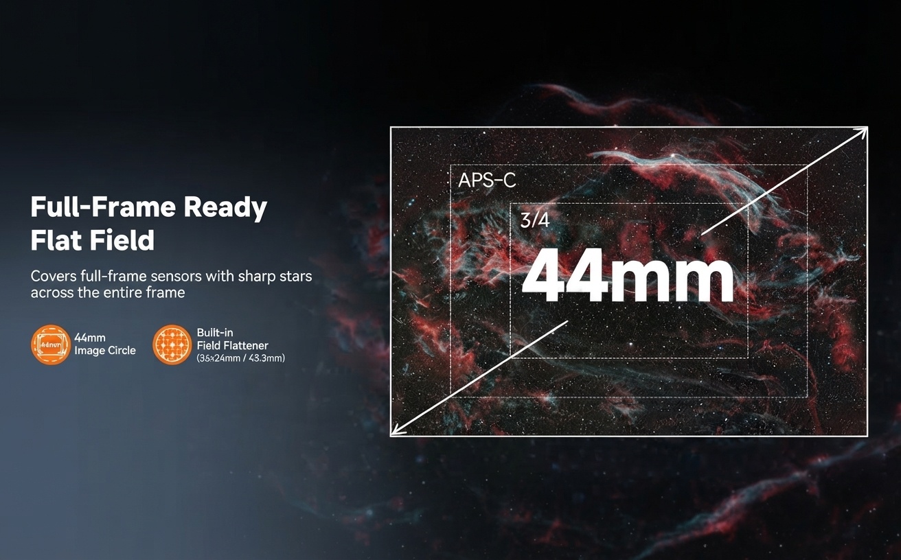 SVBONY SV580 44mm full-frame image circle with built-in field flattener, shown against a nebula background with sensor size comparison (full-frame, APS-C, 3/4).
