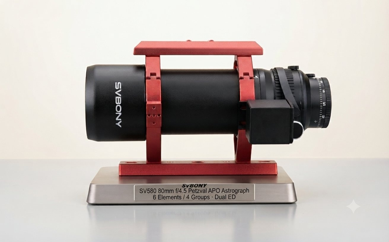 SV580 80mm f/4.5 Petzval APO astrograph OTA with dual ED elements, red tube rings, handle, and EAF focuser.
