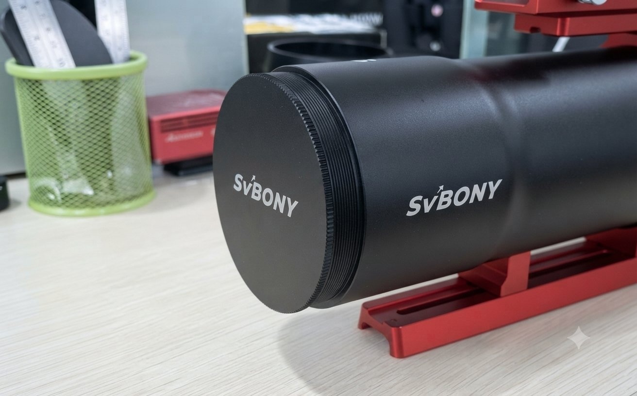 SV580 objective lens cap with updated push-on design, shown attached to the retractable dew shield.