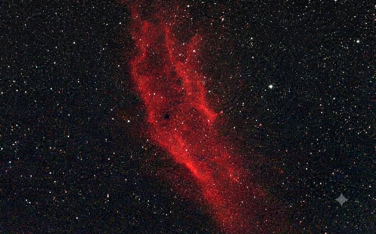 NGC 1499 California Nebula captured with SV580 and ZWO ASI2600MC, showing red emission and dark dust lanes.