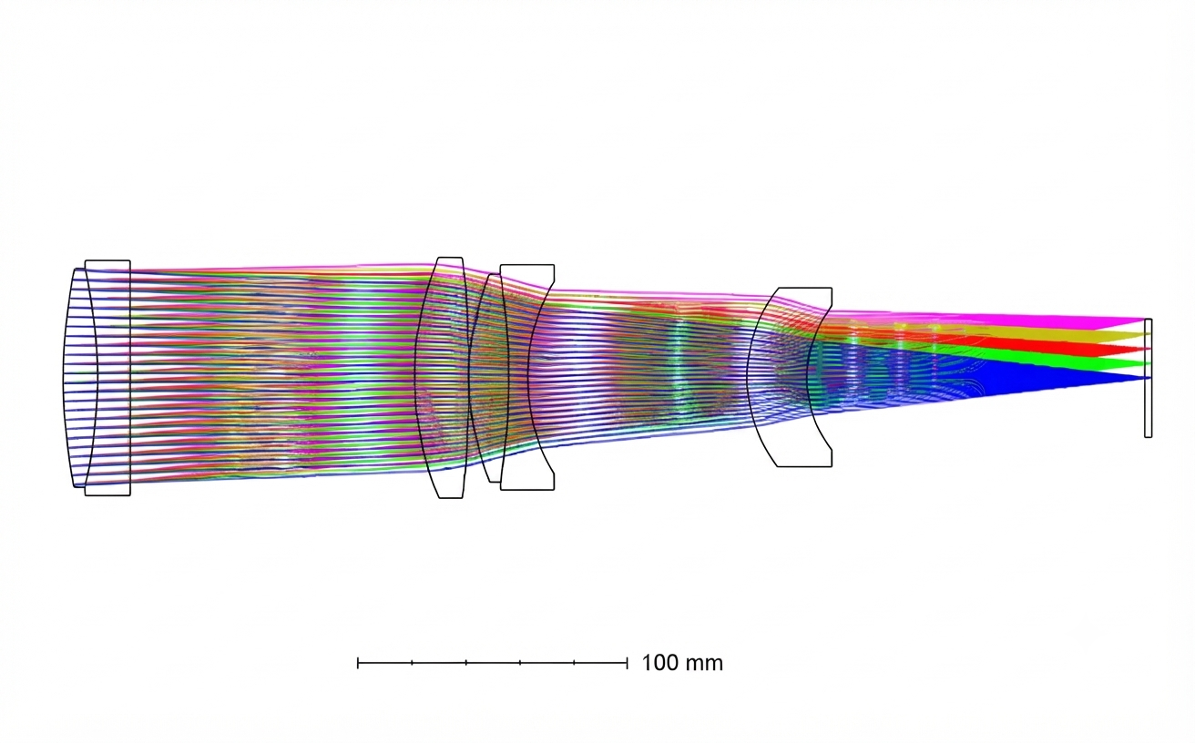 SV580 six-element four-group Petzval APO layout, showing ray paths from objective to image plane.