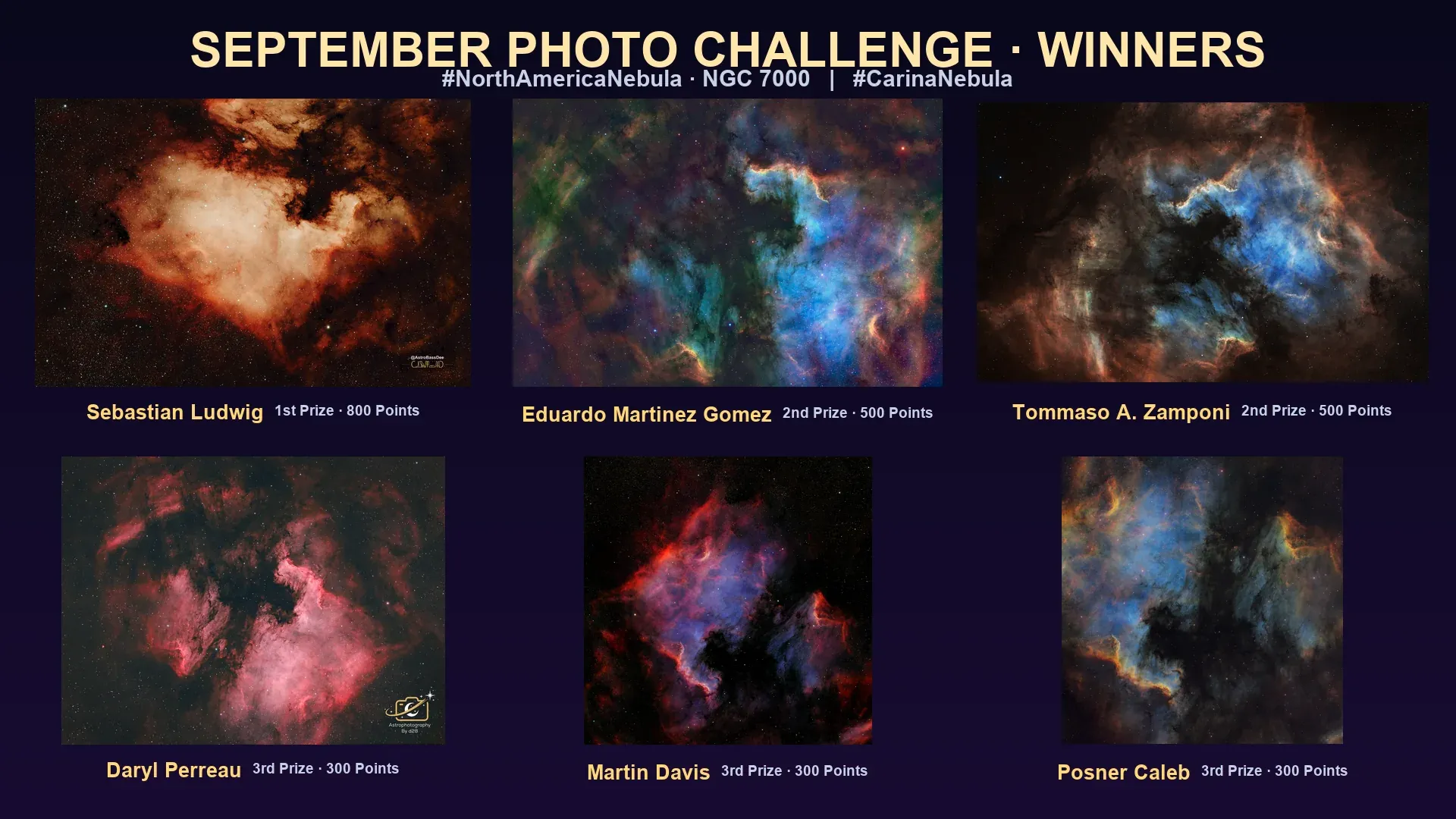 Announcement: Winners of the September #NorthAmericaNebula & #CarinaNebula Astrophotography Challenge!