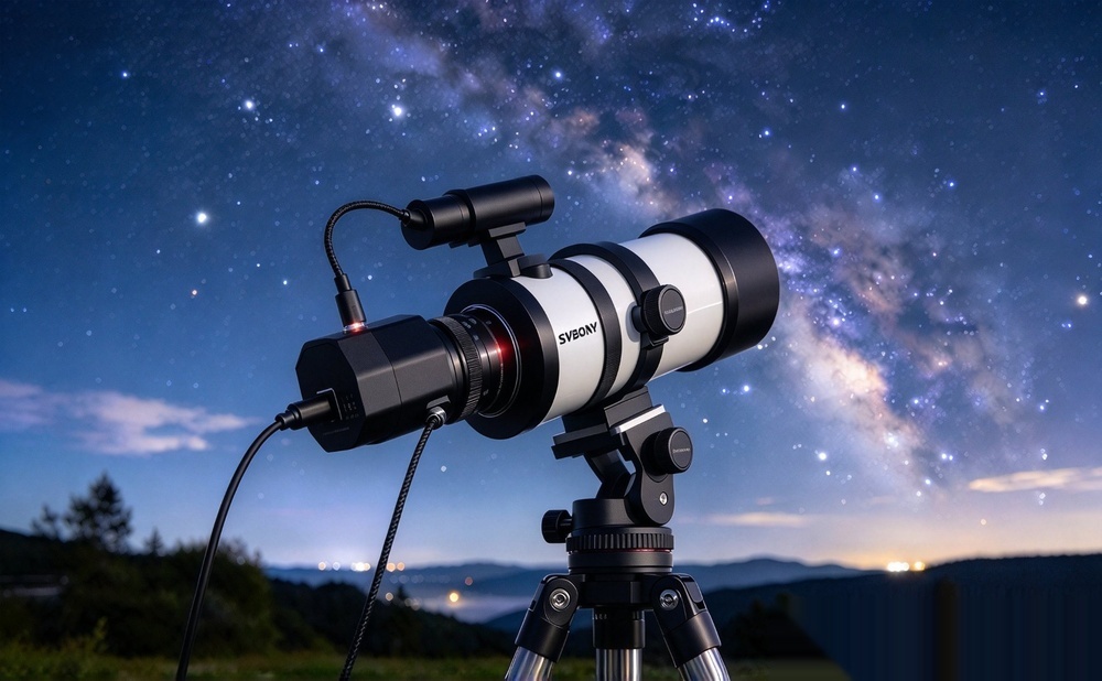 SVBONY telescope with a cooled astronomy camera attached for deep-sky astrophotography under a starry sky with the Milky Way