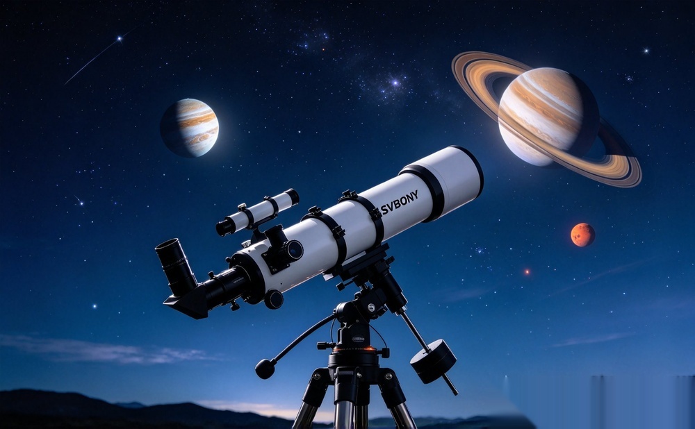 Maksutov-Cassegrain telescope on a stable mount aimed at Jupiter, Saturn, and Mars in the night sky