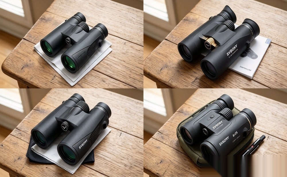 Four SVBONY binocular models displayed on a wooden table, showing compact, ED, and other designs.