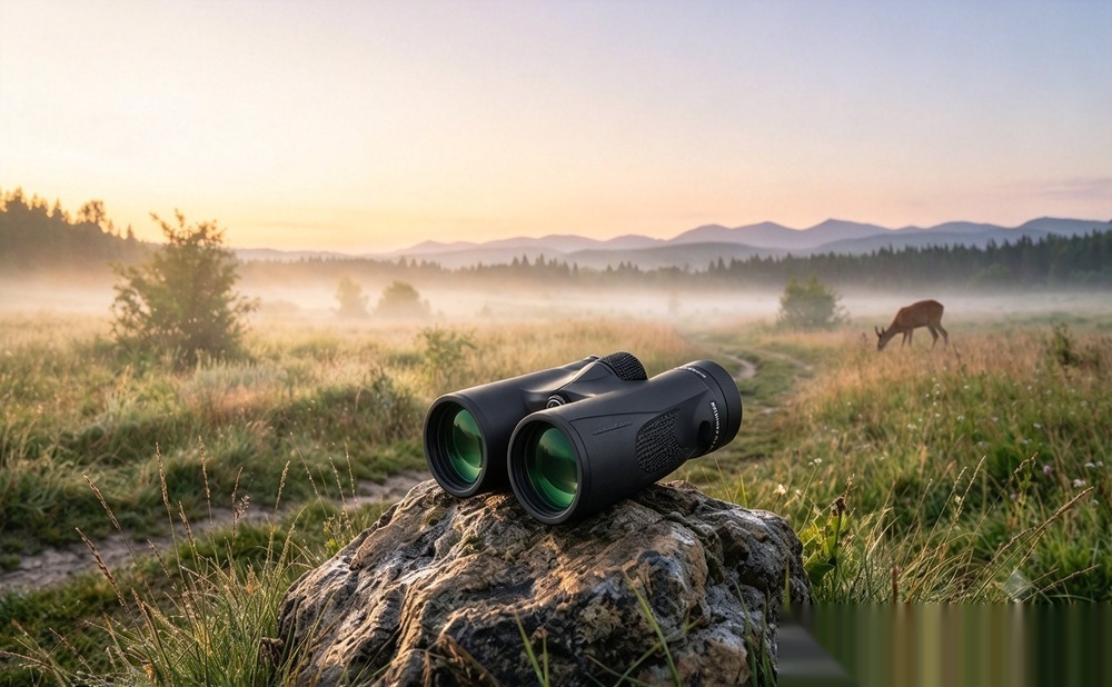 Waterproof SVBONY binoculars on a rock in a misty field at sunrise, with a deer grazing in the background.