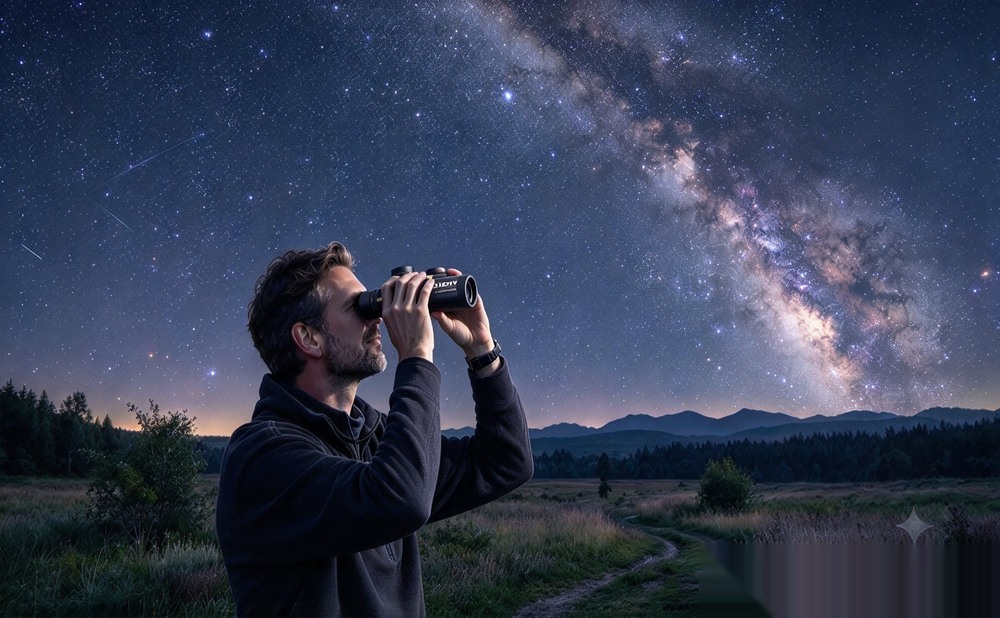 Astronomer using SVBONY binoculars to observe the Milky Way under a starry night sky.