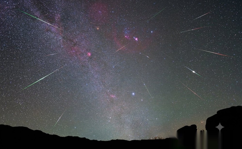 Multiple Orionid meteors streaking outwards from the radiant point against the Milky Way, with rocky silhouettes at the bottom.