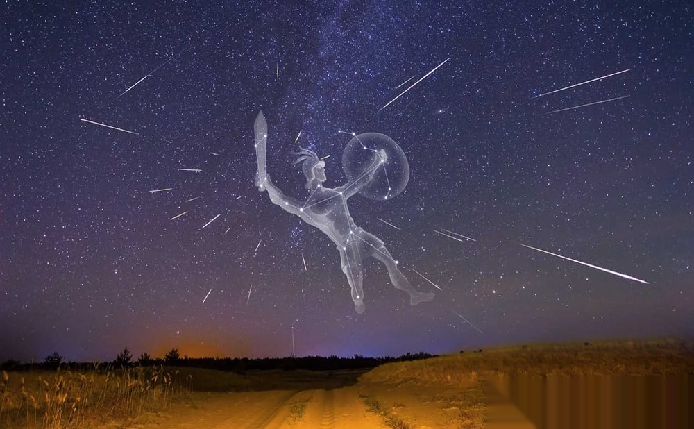 An illustration of the Orionid meteor shower radiating from the constellation Orion over a dark, rural landscape in 2026.