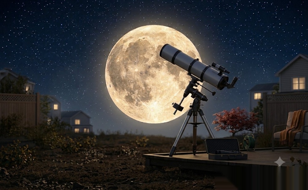 A backyard telescope on a tripod set up to observe a bright full Hunter's Moon in a starry night sky.