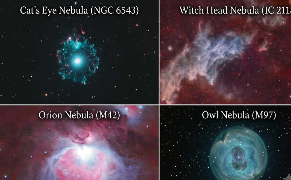 A collage of four spooky celestial targets for Halloween stargazing: Cat's Eye Nebula, Witch Head Nebula, Orion Nebula, and Owl Nebula.
